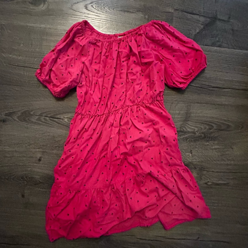 Pink Off-Shoulder Dress with Black hearts